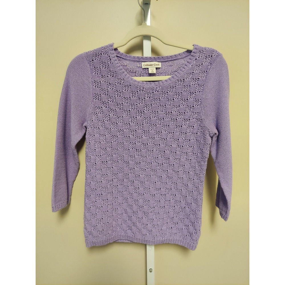 Coldwater Creek Lavender Purple Pointelle Knit 3/4 Sleeve Sweater XS 4-6 Preppy
